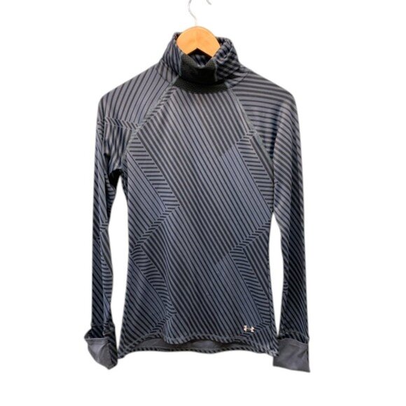 Under Armour Women’s M Gray Black Stripe Long Sleeve Top Mock Neck Fitted Active - Picture 1 of 12